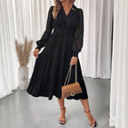 Robe Femme Chic et Élégante Col V Taille Serrée Dentelle Manches Longues Couleur Unie