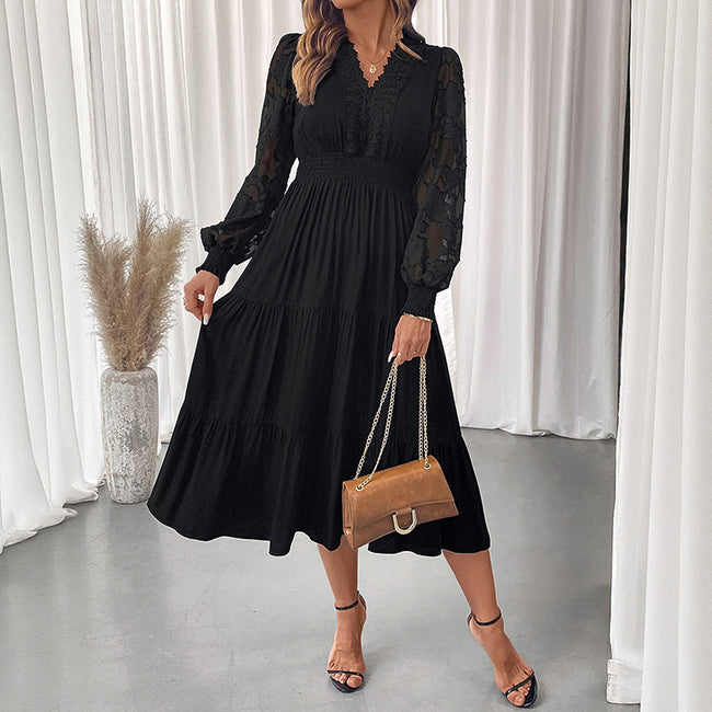 Robe Femme Chic et Élégante Col V Taille Serrée Dentelle Manches Longues Couleur Unie Main Image