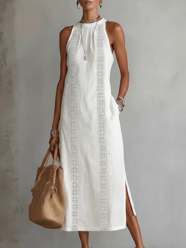 Robe d'été sans manches à col licou et patchwork de dentelle pour femme, style vacances