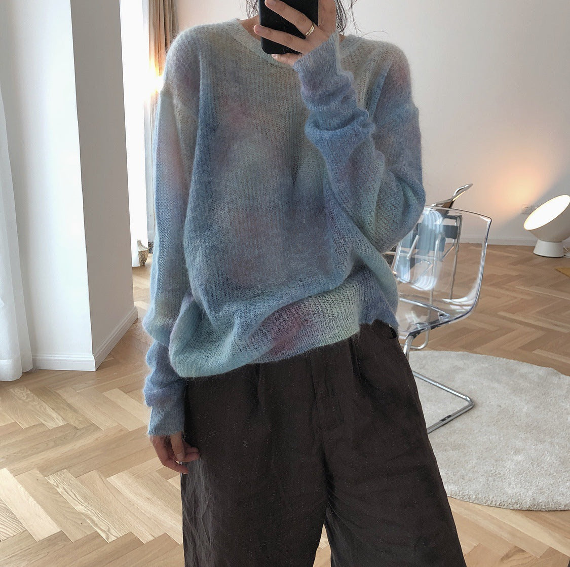 Pull en mohair lâche à col rond pour femme, fin