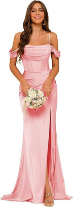 Robe de bal corset en satin épaules dénudées pour demoiselle d'honneur