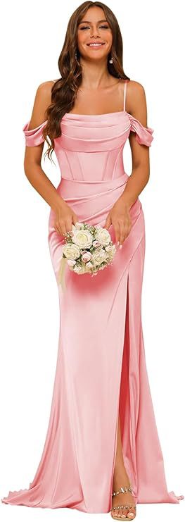 Robe de bal corset en satin épaules dénudées pour demoiselle d'honneur