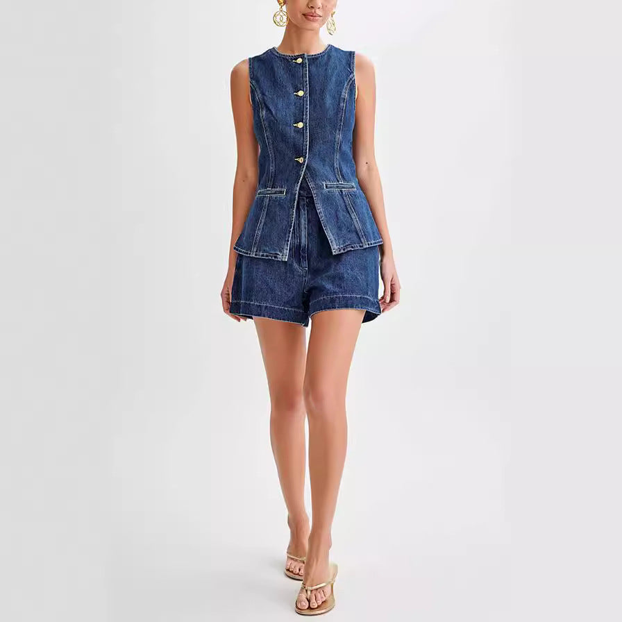 Ensemble short et top gilet boutonnés sans manches en jean pour femme, vêtement décontracté d'été