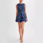 Ensemble short et top gilet boutonnés sans manches en jean pour femme, vêtement décontracté d'été