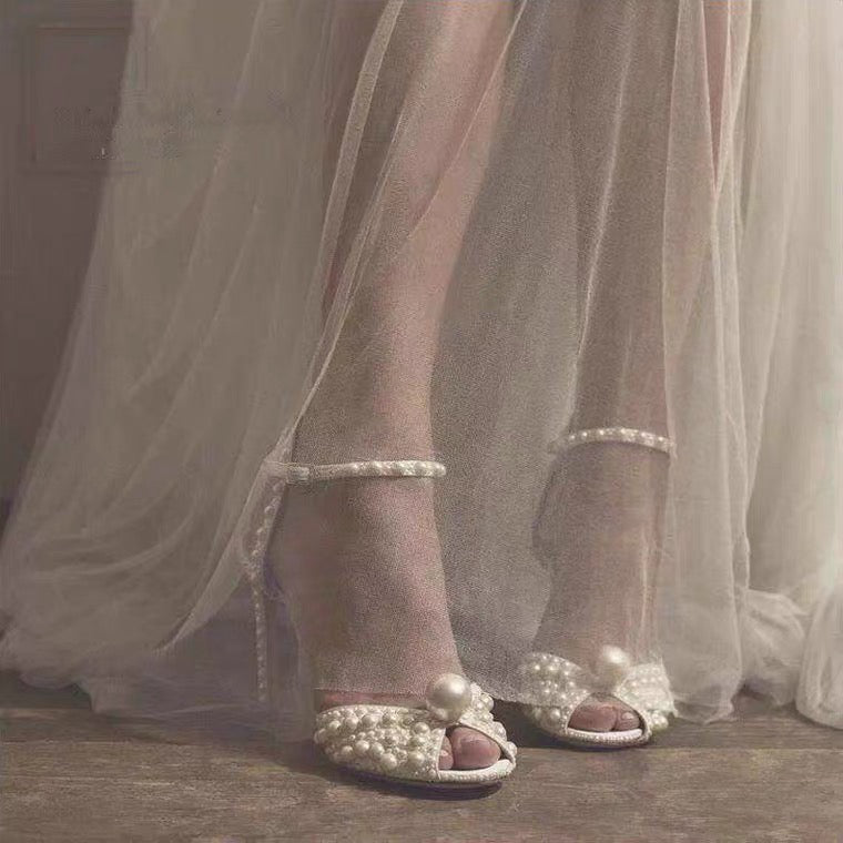 Chaussures de mariage pour femmes, sandales à perles et bout ouvert