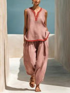 Ensemble Femme Chic en Coton-Lin Deux Pièces Pantalon Large et Haut Color-Block Contraste pour l'Été