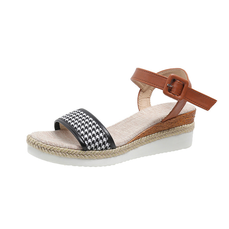 Sandales à imprimé pied-de-poule pour femme, chaussures habillées d'été à boucle