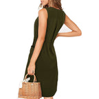 Robe Sans Manches Col V Boutonnée Avec Poches Robe D'été Décontractée À La Mode Avec Nœud À La Taille Vêtements Pour Femmes