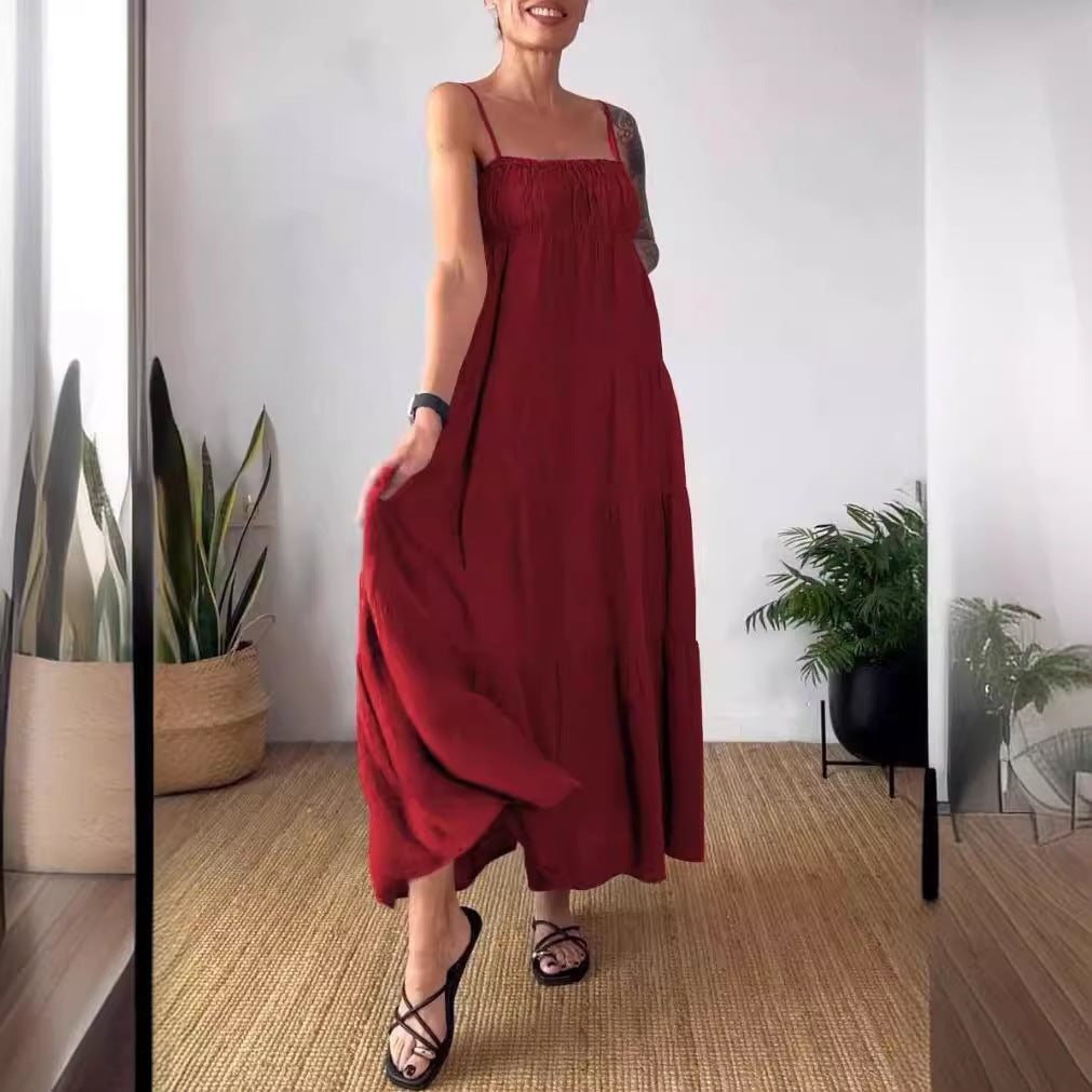 Robe plissée à bretelles et bustier unie décontractée pour femme