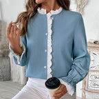 Gilet simple boutonnage Col dentelle Chemise bleue pour femme
