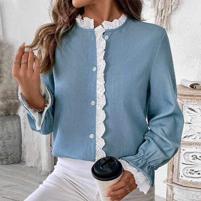 Gilet simple boutonnage Col dentelle Chemise bleue pour femme Main Image