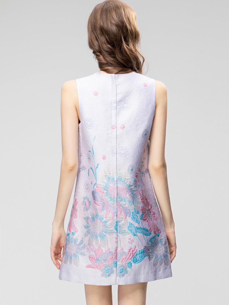 Robe courte sans manches en jacquard imprimé pour femme