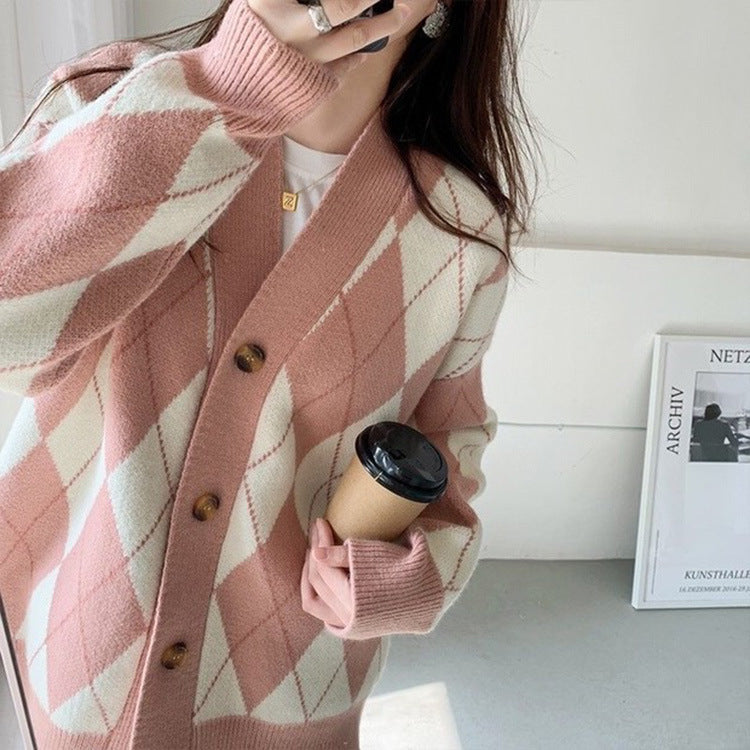 Cardigan en tricot de couleur contrastée avec motif losanges pour femme