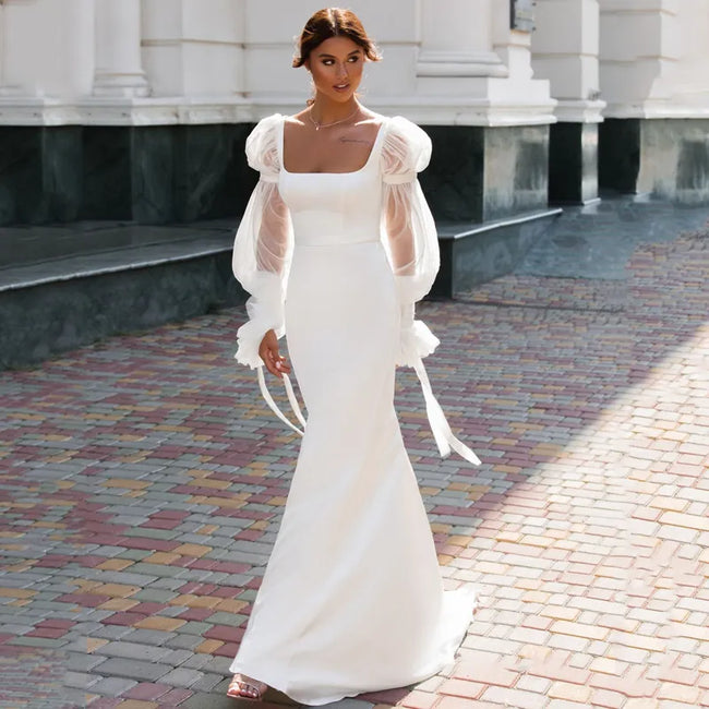 Elegant Satin Mermaid Wedding Dress With Long Puff Sleeves Hover Image