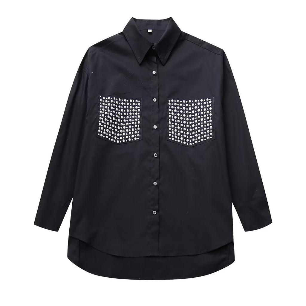 Chemise ample à manches longues ornée de rivets, style streetwear pour femme