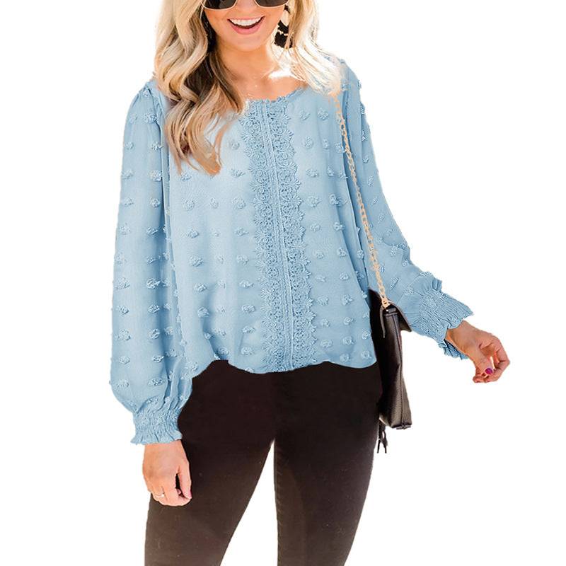 Chemisier Femme en Mousseline Jacquard Col Rond Manches Longues Lanterne