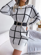 Robe pull décontractée à manches longues à carreaux color block