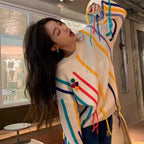 Pull Frangé Tricot Rayé Coloré Pour Femme
