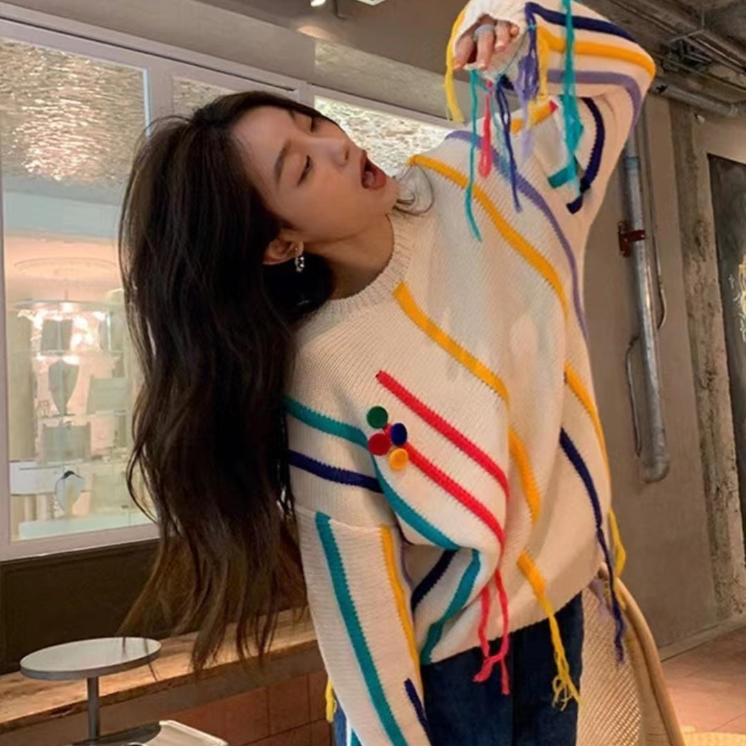 Pull Frangé Tricot Rayé Coloré Pour Femme