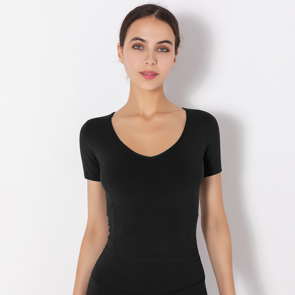 Haut de sport de yoga à manches courtes de couleur unie, extensible et sans coutures pour femme