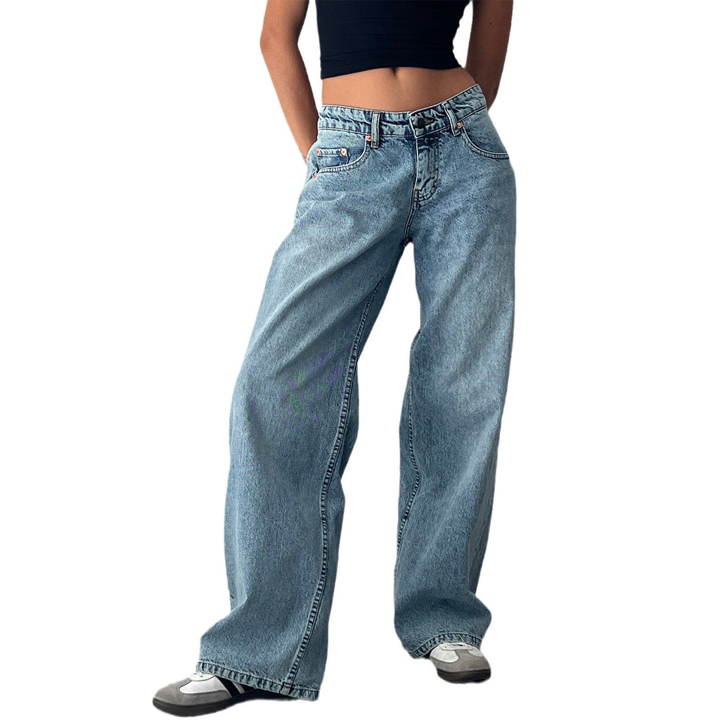 Jean droit délavé taille basse non élastique pour femme