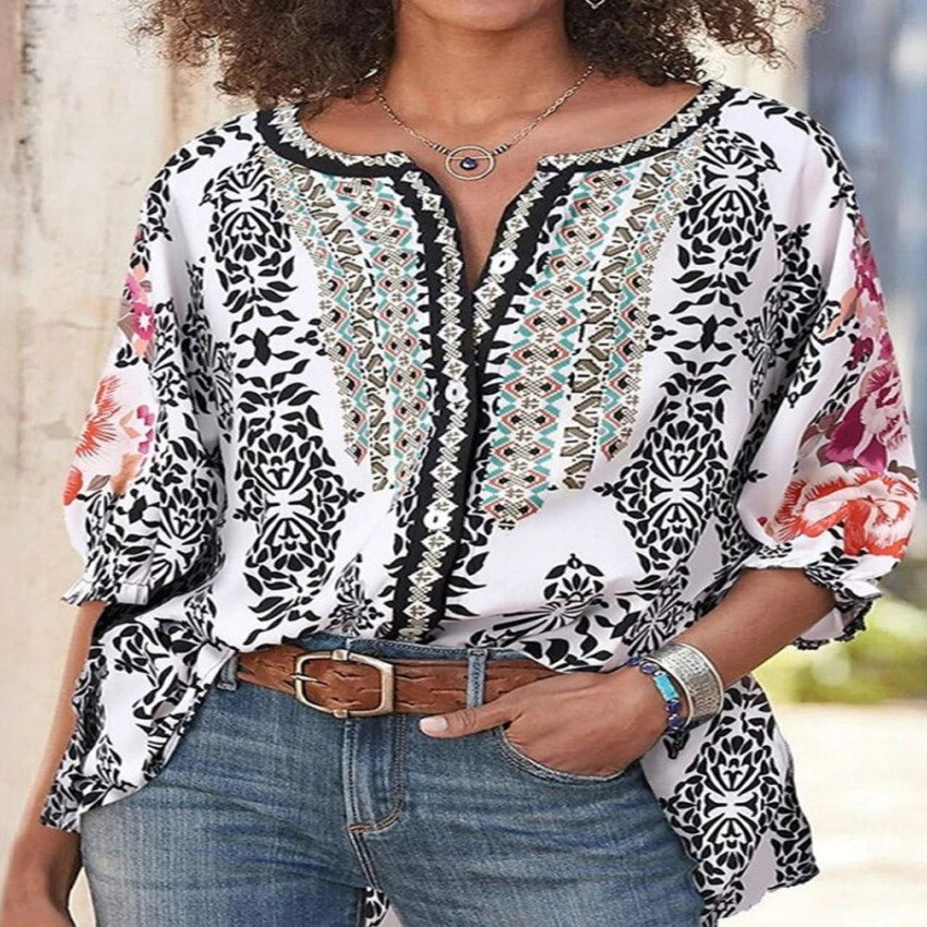 Nouveau chemisier vintage pour femmes imprimé, style folk, col rond, manches chauve-souris