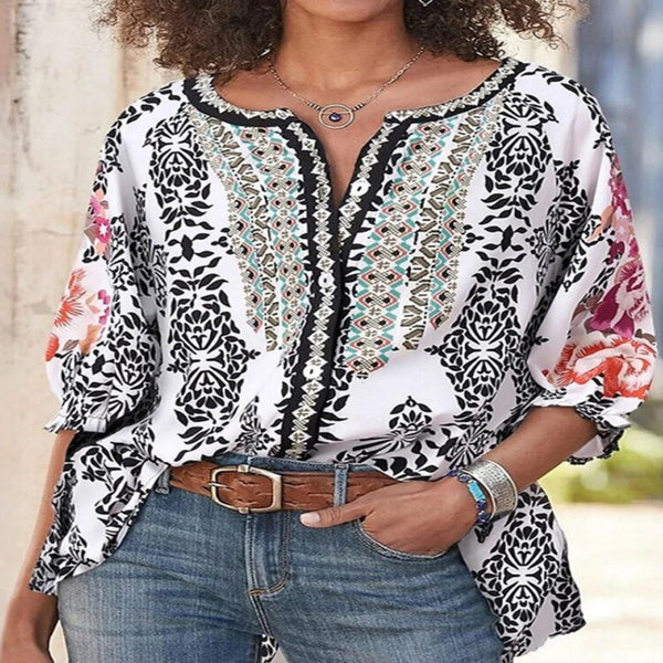 Nouveau chemisier vintage pour femmes imprimé, style folk, col rond, manches chauve-souris