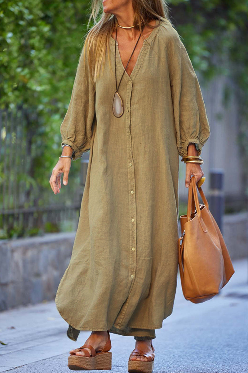 Robe Chemise Décontractée en Coton et Lin pour Femme