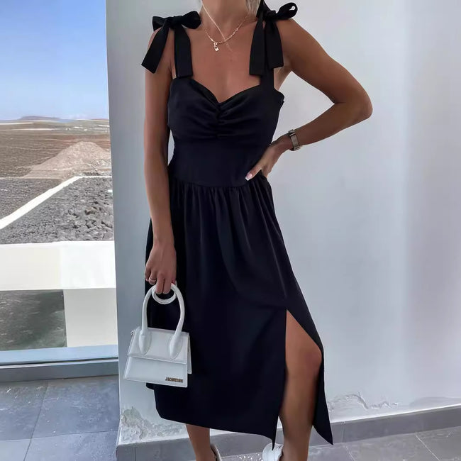 Robe fendue taille cintrée pour femme à bretelles tendance Hover Image