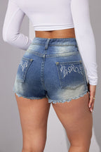 Short en jean brodé élégant et non extensible à taille mi-haute pour femme