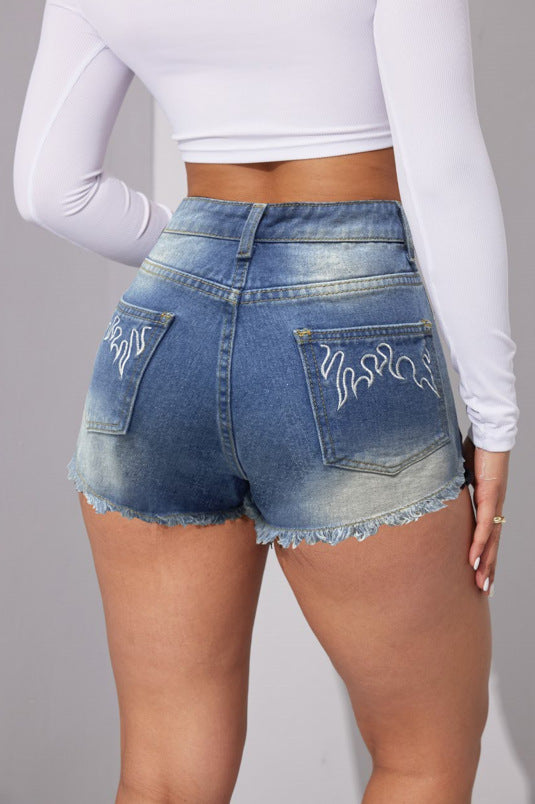 Short en jean brodé élégant et non extensible à taille mi-haute pour femme