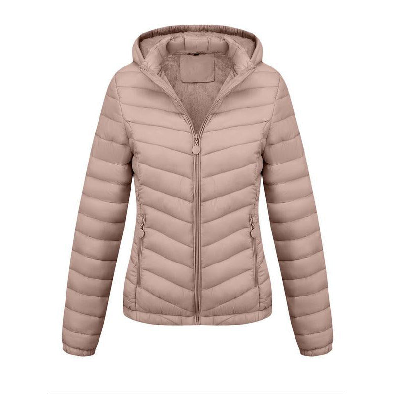 Manteau d'hiver décontracté à capuche zippé de couleur unie pour femme