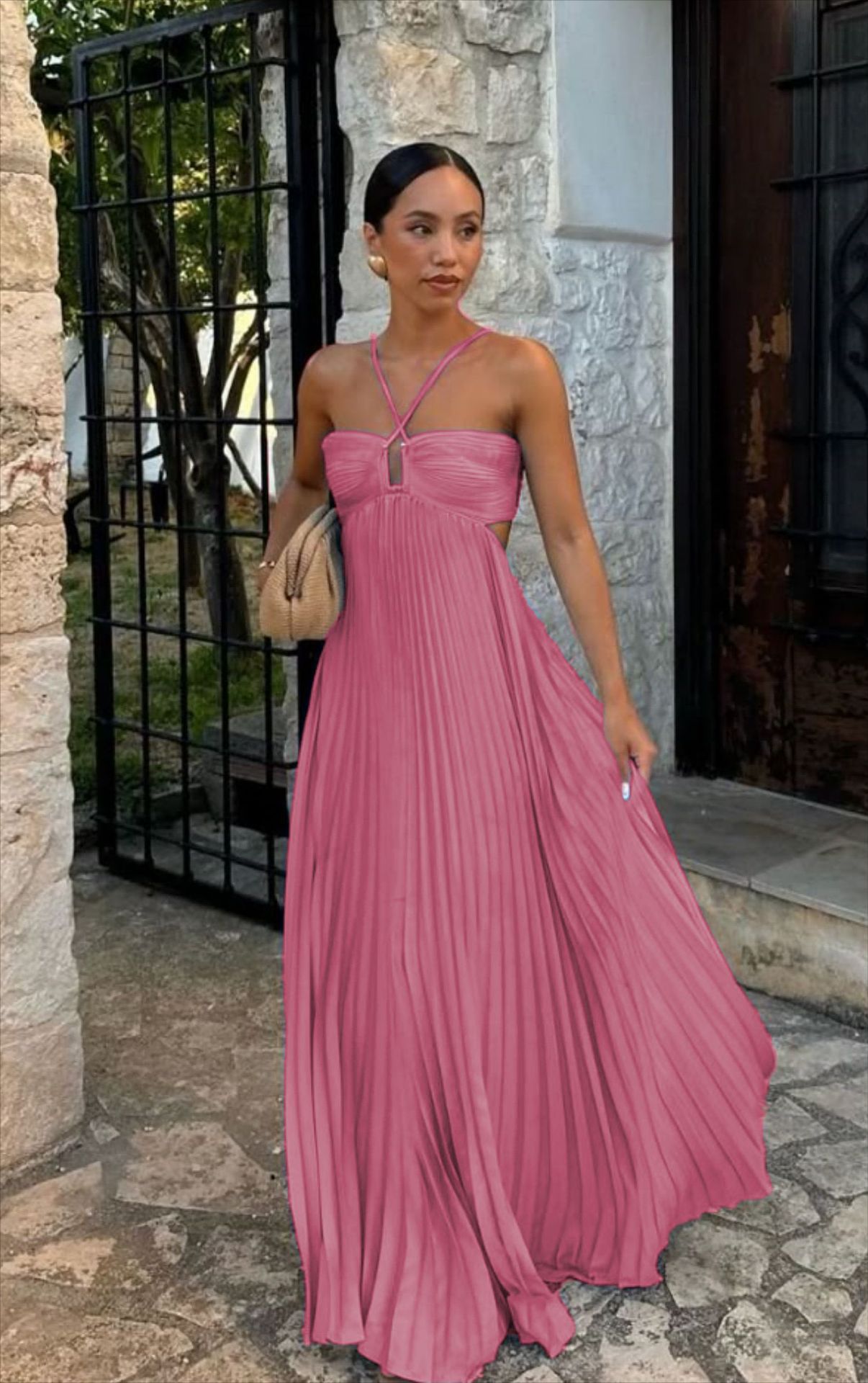 Robe longue plissée sans manches à bretelles, taille haute évidée, dos nu pour soirée, club, vêtement femme