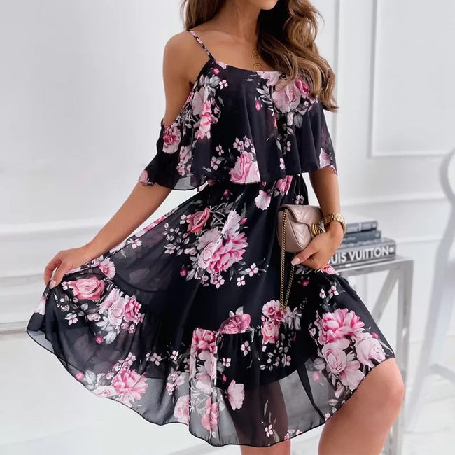 Robe d'été à bretelles et volants imprimée fleurs, épaules dénudées pour femmes Main Image