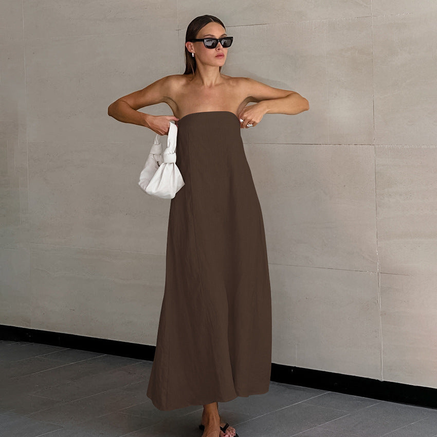 French Style Khaki Cotton Linen Tube Top Vacation Style High Waist Dress